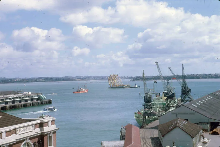 The Japanese floating cranes after completing Auckland Harbour Bridge clip-on lane construction, 1968