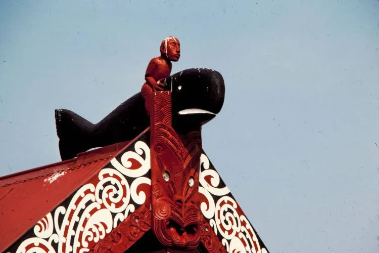 Paikea riding a whale, Whāngārā marae, Whangara, 1980