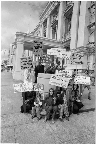 Image: Protestors outside Wellington Town Hall, against the design for a proposed Wahine memorial