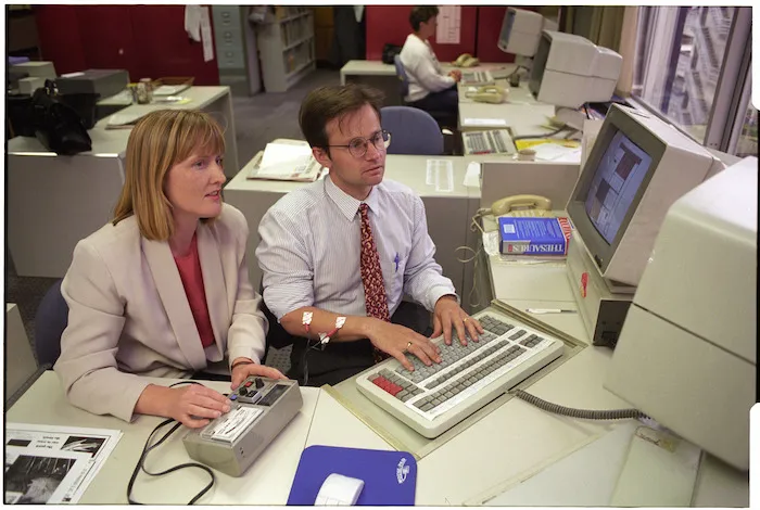 Brenda Moana testing Graeme Peters for repetitive strain injury - Photograph taken by Ray Pigney