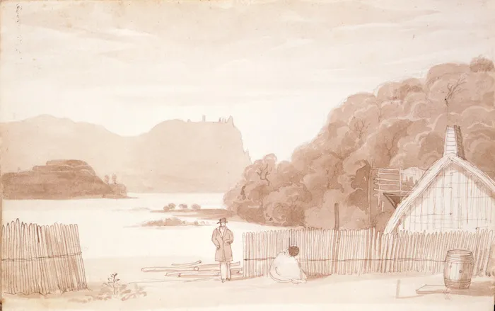 Shipbuilders' yard on an inlet of Whangari Harbour, New Zealand, showing remains of a pah on Mootoo Kioray (Rat Id)