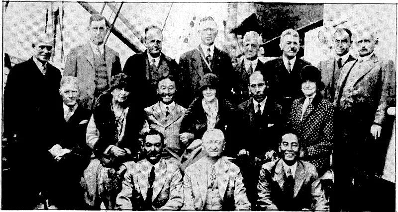 Evening Post" Photo. ROTARY DELEGATES ARRlVE.—Members of the overseas Rotary movement wlw arrived this morning to take part in the New Zealand : Conference to be held t the Chateau Tongariro. It includes four Japanese delegates, Messrs. Y. Nomura and Y. Shimizu in the centre row, and K. Yoda and T. Yomagi in the front row. (Evening Post, 01 April 1930)