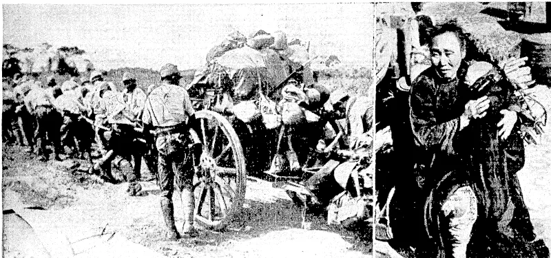 Sliort and General" rhoto. The view on the left shows Japanese soldiers transporting supplies on the Hongkew war front. Large sheets of iron, commandeered from, merchants in the Yangtze districts, are used on the road as a protection from the mud, which is very bad in this part of China. On the right, <i Chinese mother and her child are seen resting after entering a safety zone in the Shanghai International Settlement, (Evening Post, 24 December 1937)