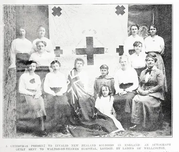 Image: A Christmas present to invalid New Zealand soldiers in England: an autograph quilt sent to Walton-on-Thames Hospital, London, by ladies of Wellington