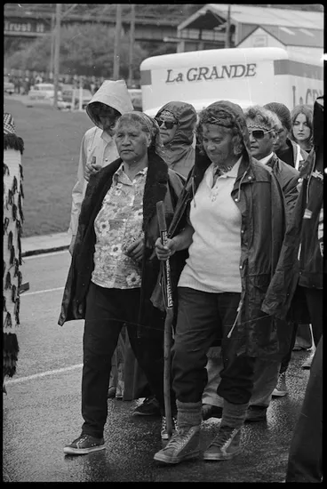 Image: Leading marchers on the Maori land march, at Kaiwharawhara, Wellington