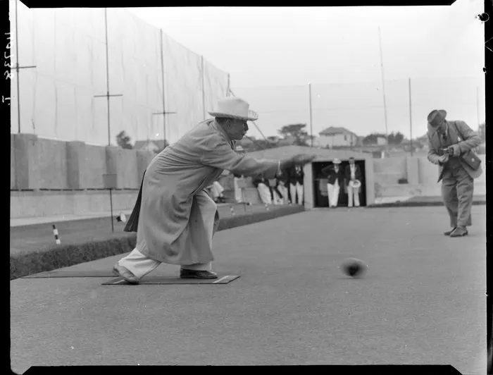 Man playing lawn bowls, 1950
