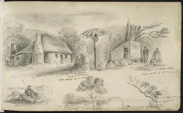 Image: Pharazyn, Edward de C 1810-1879? :Scotch Jock's house Parapara, Otaki, from sketch by W. Swainson. Bucks Store, Stokes Valley from sketch by W. Swainson. Ngaio [tree. 1853?]