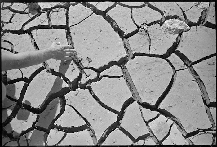 Dry and cracked mud indicates hot and dusty conditions on the Cassino Front, Italy - Photograph taken by George Kaye