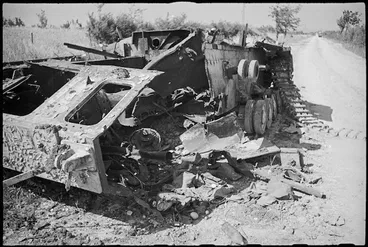 Image: Close up of burnt out German tank near Orsogna, Italy, World War II - Photograph taken by George Kaye