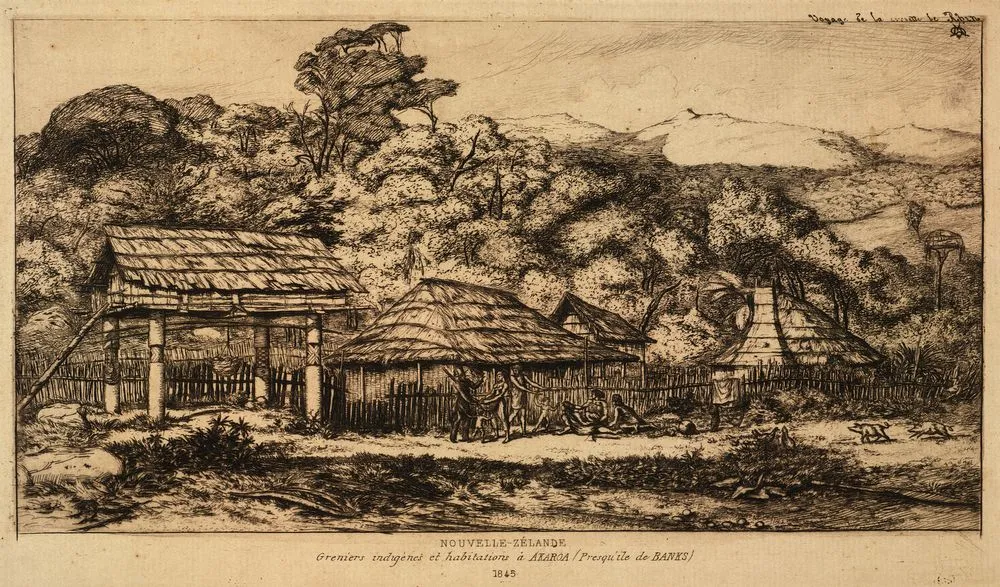 Greniers indigènes et habitation à Akaroa, presqu'île de Banks, 1845.