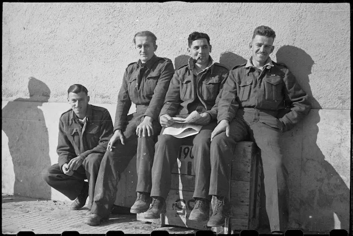 Patients enjoying sunshine outside their ward at 2 NZ General Hospital, Caserta, Italy, World War II - Photograph taken by George Bull