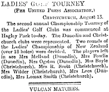Image: LADIES' GOLF TOURNEY. (Otago Daily Times 14-8-1894)