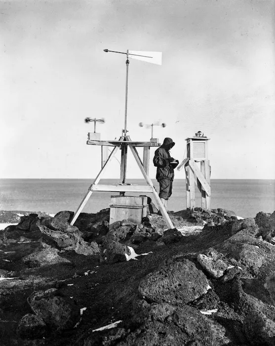 Dr George C. Simpson taking meteorological observation on Vane Hill, Antarctica