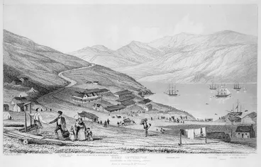 Image: Fox, William 1812-1893 :Port Lyttelton. Passengers by the 'Cressy' landing. Etched by T. Allom. From a drawing by Wm Fox Esq.r. London, John W. Parker, 1851.