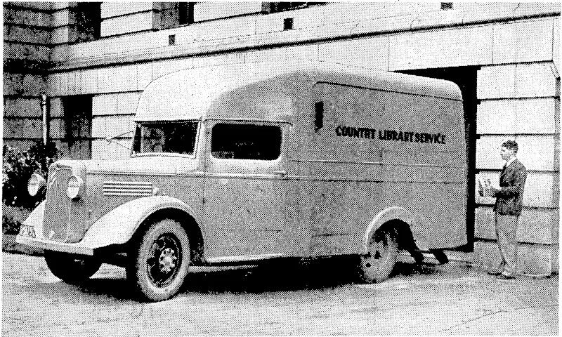 Evening Post" Photo. Excellent progress has been made by the recently instituted country library service operated by the Government. The picture top left shows the interior of the temporary headquarters of the service at Parliament Buildings. One of the special vans in ivhich books, are delivered to libraries throughout the country, and the interior of the van, showing how the books are carried, are also shown. (Evening Post, 02 December 1938)