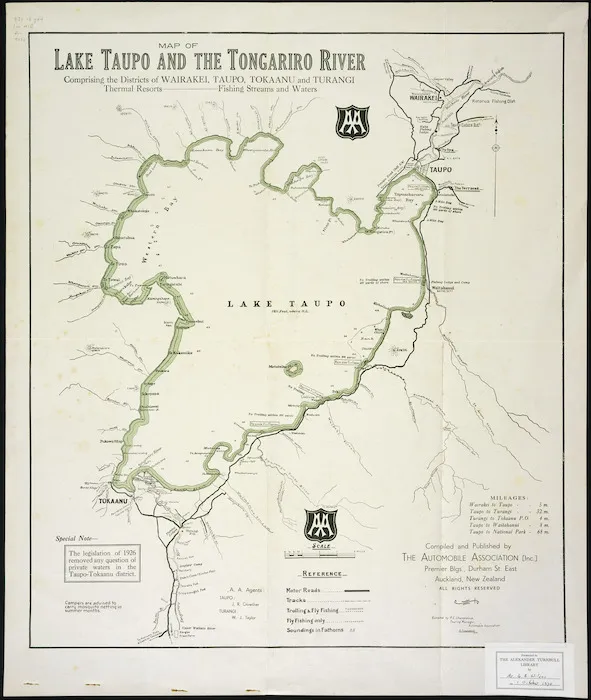 Map of Lake Taupo and the Tongariro River, comprising the districts of Wairakei, Taupo, Tokaanu and Turangi