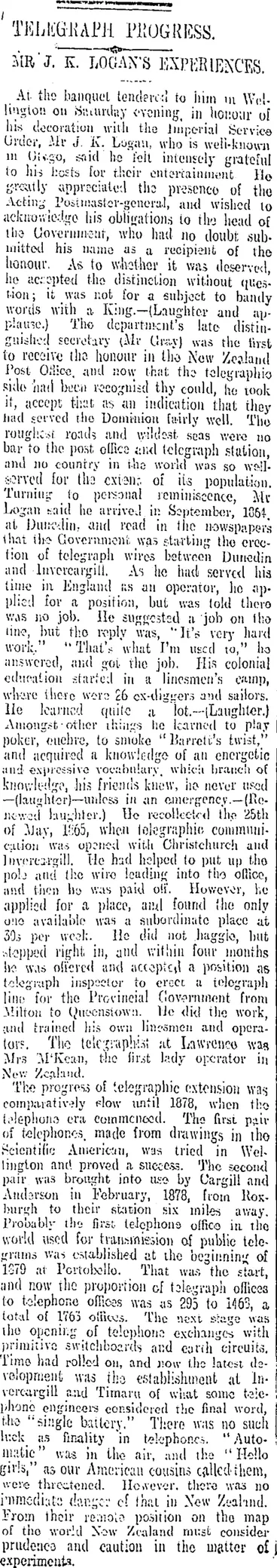 Image: TELEGRAPH PROGRESS. (Otago Daily Times 22-7-1909)