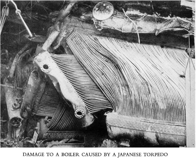 DAMAGE TO A BOILER CAUSED BY A JAPANESE TORPEDO