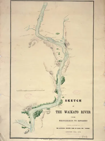 Image: Sketch of the Waikato River from Whangamarino to Rangiriri showing approximately the soundings obtained from on board the Pioneer, October 30th, 1863