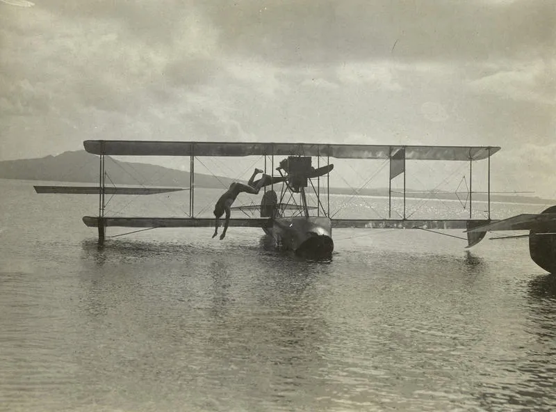 Black and white photograph of Curtiss "C" flying boat from the Walsh Brothers Flying School