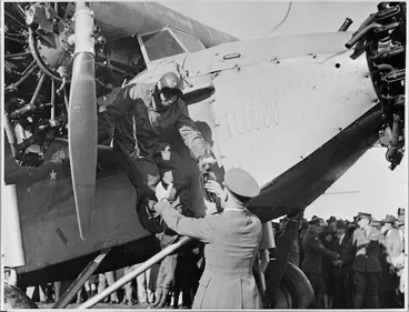 Image: Charles Kingsford Smith arriving in Christchurch after the first successful flight over the Tasman Sea from Australia to New Zealand - Photograph taken by Green and Hahn