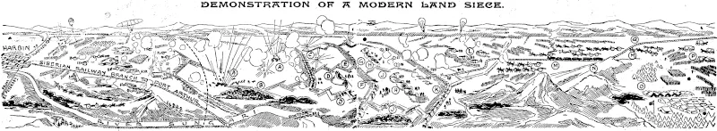 A»-RUSSIAN MINES EXPLODING UNDER JAPANESE SAPPERS; "B"-JAPANESE SAPPERS'WORKING XJP TO RUSSIAN FORTS; "C'-THIRD JAPANESE PARALLEL TRENCH; "D' '-^APANESEI MORTAR; APPROA^^mENOH; "F'-SECOND JAPANESE PARALLEL TRENCH; "G"-MACHINE GUNS; "H'-'-ADVANCED OR SECOND ARTILLERY POSITION; "J"-APPROACH TRENCH; "X"-FIRST JAPANESE PARALLEL, TgENCH,, ALSCTPRINCE AL ART^ERTPOSmON ;_^i» -LIGHT JAPANESE AMMUNITION TRAIN; "N"-HILLS SHELTERING JAPANESE CAMP AND'REINFORCEMENTS ; "O"-JAPANESE CAMP; «Q"-A»TELLERY RELNFORCEMKMTS; «F»-FIEI,D HOSPITAL AND AMBULANCE. THE DOTTED LINE INDICATES THE FINAL LINE OF RUSSIAN FORTIFICATIONS. . . (Grey River Argus, 18 June 1904)