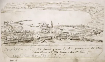 Image: Taylor, Richard, 1805-1873 :A view of the feast given by the Governor to the natives at the Huarake Hokianga Capt Macdonalds station Horeke [13 February 1840]