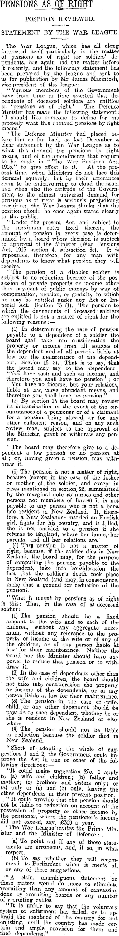 PENSIONS AS OF RIGHT (Otago Daily Times 24-4-1916)