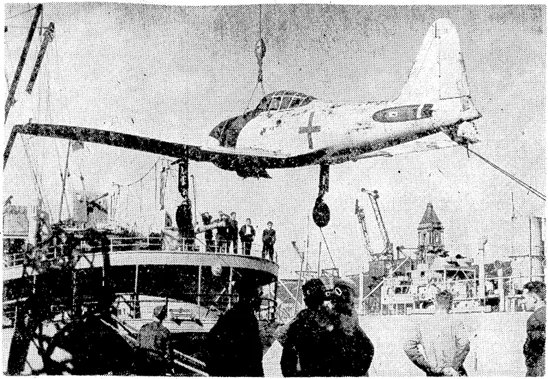 The first Japanese aircraft seen at close quarters in New Zealand, a Zeke fighter, unloaded from the Wahine when she arrived at Auckland last week ivith a draft of airmen from the Pacific. It ivas flown in the Pacific by Wing Commander W. R. Koefoed, of Outram, Otago. (Evening Post, 24 October 1945)