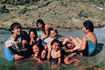 Image: Children bathing at Ninety Mile Beach, Northland