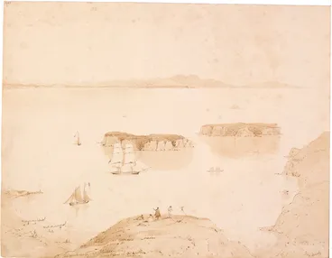 Image: Heaphy, Charles 1820-1881 :The anchorage at Massacre Bay. Aorere mountains in the distance. [1843]