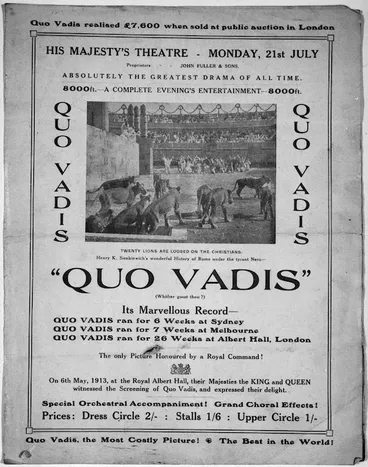 Image: His Majesty's Theatre (Wellington) :Quo vadis? Monday 21st July. Absolutely the greatest drama of all time. Henry K Sienkiewich's wonderful history of Rome under the tyrant Nero. [1913].