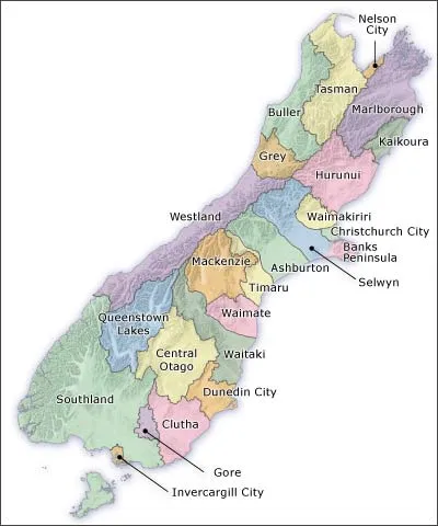 South Island district and city council boundaries