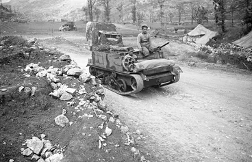 Image: Kaye, George F, 1914- (Photographer) : Bren carrier, and soldiers, of 5th New Zealand Infantry Brigade, Italy