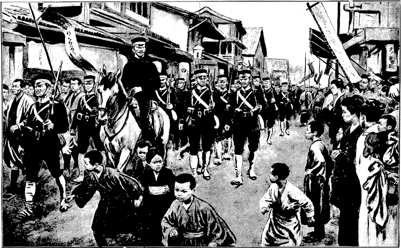 THE RUSSO-JAPANESE WAE: INFANTRY OF THE JAPANESE GUARD MARCHING TO THE RAILWAY STATION THROUGH THE STREETS OF TOKIO ON THE WAY TO KOREA.  Military service ia no hardship to the Japanese. If enthusiasm counts towards efficiency, the Japanese soldiers should be excellent. Admirably organised in every point, the Japanese troops have evoked admiration, on all sides. Aa in the German army, each man goes to war with everything about him; everything 'has been prepared) for him, and he knows where to find it. Fer each man in the reserve there ia the full kit ready. To see the troops in the gtreetg of-Tokio marching to entrain for Korea is a sight to be remembered, especially if the regimer.t happens to be the guards.Â—From the Graphic, (Otago Witness, 11 May 1904)