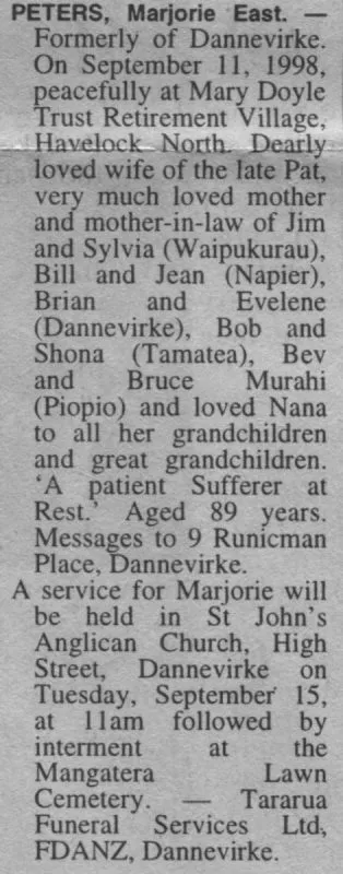Peters, Marjorie East Death Notice 1998 (The Hawke's Bay Herald-Tribune)