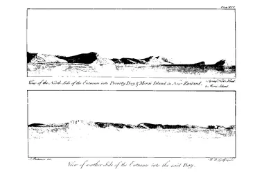 Image: Plate XIV. View of the North Side of the Entrance into Poverty Bay, & Morai Island, in New Zealand. 1. Young Nick's Head. 2. Morai Island