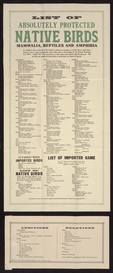 Image: New Zealand Native Bird Protection Society :List of absolutely protected native birds, mammalia, reptiles and amphibia. It is illegal to take or kill any of these birds or animals at any time, or to have them or their skins, feathers, nests or eggs, in possession unless taken prior to the passing of the Animals Protection Act, 1921-2. Penalty £25. Issued by the N.Z. Native Bird Protection Society, Box 631, Wellington. Evening Post Print - 27901 [1930-1933?]