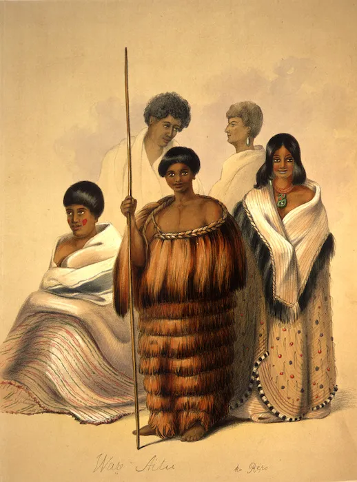 Angas, George French 1822-1886 :A group at the Te Aro Pah, Port Nicholson. Ware. Aitu. Ko Repu. George French Angas [delt & lith]. Plate 40. 1847.