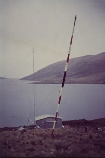 Image: A 72ft aerial being erected on Campbell Island.