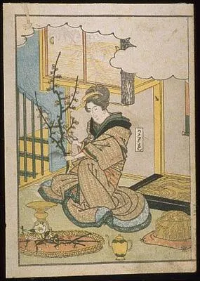 Page from an illustrated book : Lady preparing a flower arrangement