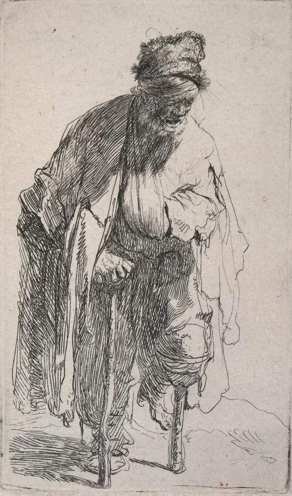 Beggar with a wooden leg.