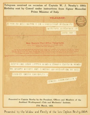 Image: Telegram received on occasion of Captain William J Newby's 100th birthday, 1933