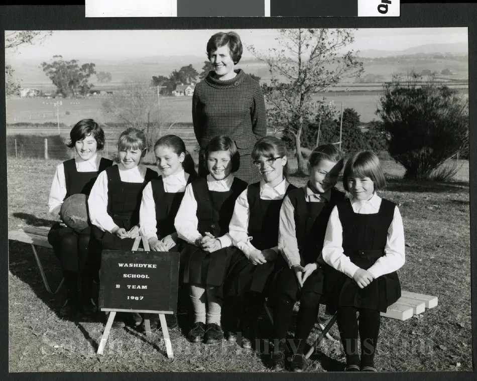 Washdyke School B netball team and their coach/teacher, 1967