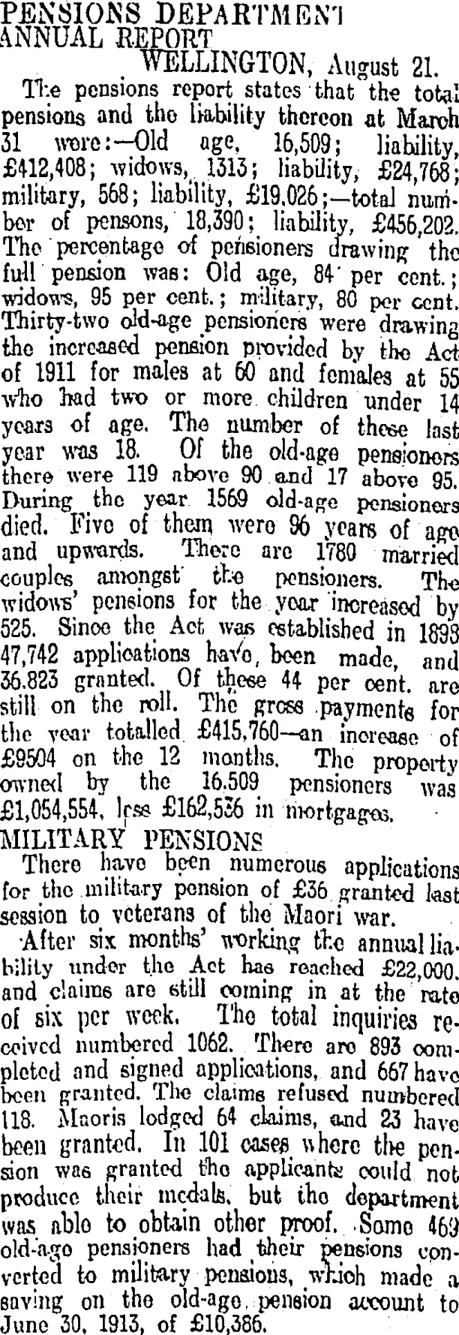 PENSIONS DEPARTMENT (Otago Daily Times 8-9-1913)