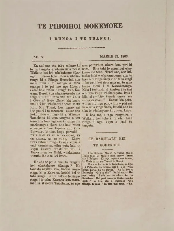 Newspaper – Te Pihoihoi Mokemoke i runga i te Tuanui, No 5, Maehe 23, 1863