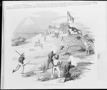 Image: Artist unknown :New Zealand warfare - attacking a pah [Storming the Waireka Pah, Taranaki ... 1863]