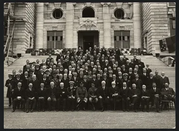 Image: Group on Parliament steps, Wellington, including the Prince of Wales