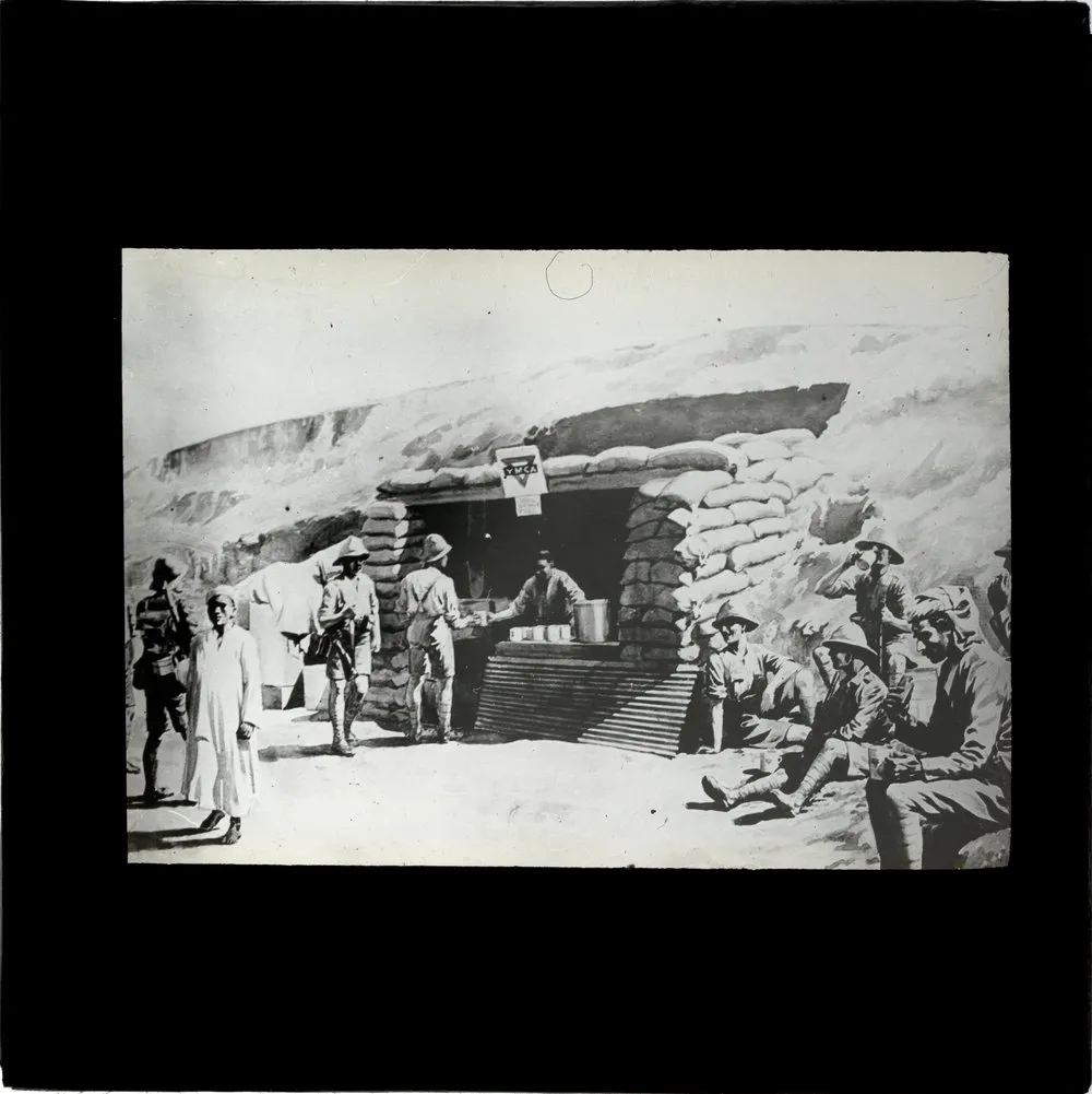 Copy photo of painting of soldiers and locals at sandbagged YMCA Canteen, Palestine