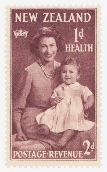 Image: Issued two penny 'Queen Elizabeth II and Prince Charles' Health stamp
